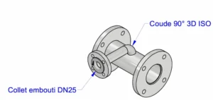 Schéma 3D technique d’un collet embouti DN25 avec coude 90° ISO par la sarl HTB Height Technician in Building dans le cadre d'une prestation de tuyauterie et soudure