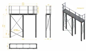 Plan structurel et vue 3D d’un platelage aluminium avec garde-corps