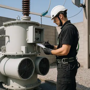 Ouvrier HTB réalisant une inspection de transformateur haute tension avec EPI